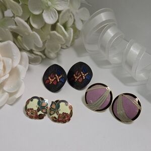 Vintage Cloisonne Jewelry Lot - Statement Floral Enamel Earrings Set Of 3